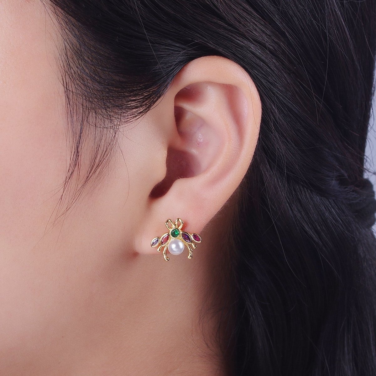 24K Gold Filled Bee Multicolor CZ Marquise Round White Pearl Stud Earrings