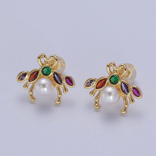 24K Gold Filled Bee Multicolor CZ Marquise Round White Pearl Stud Earrings