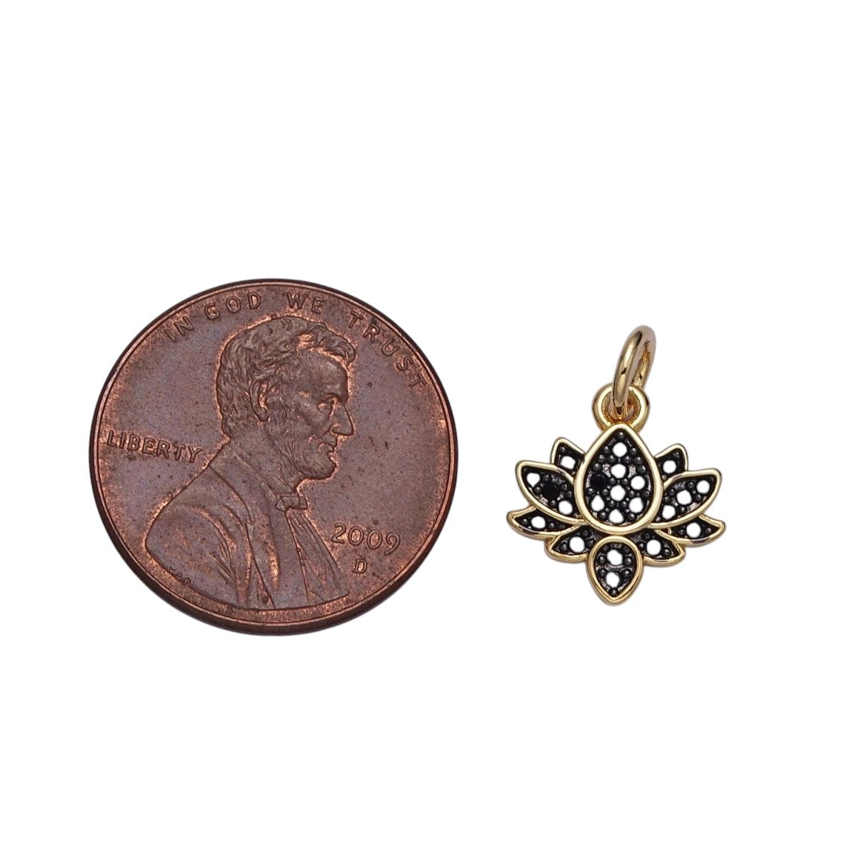 24K Gold Filled Black Micro Paved CZ Lotus Flower Charm