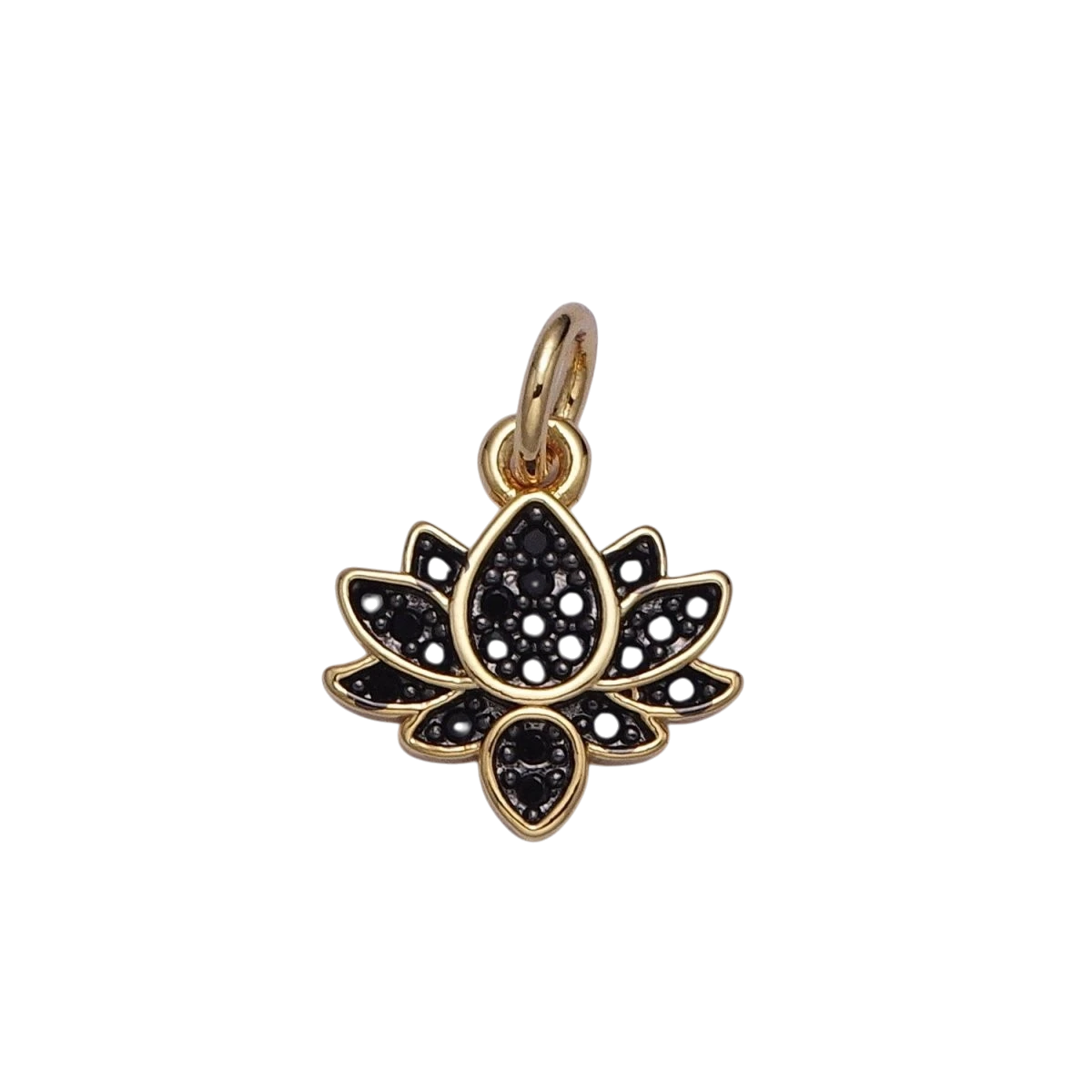 24K Gold Filled Black Micro Paved CZ Lotus Flower Charm