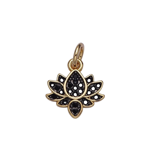 24K Gold Filled Black Micro Paved CZ Lotus Flower Charm