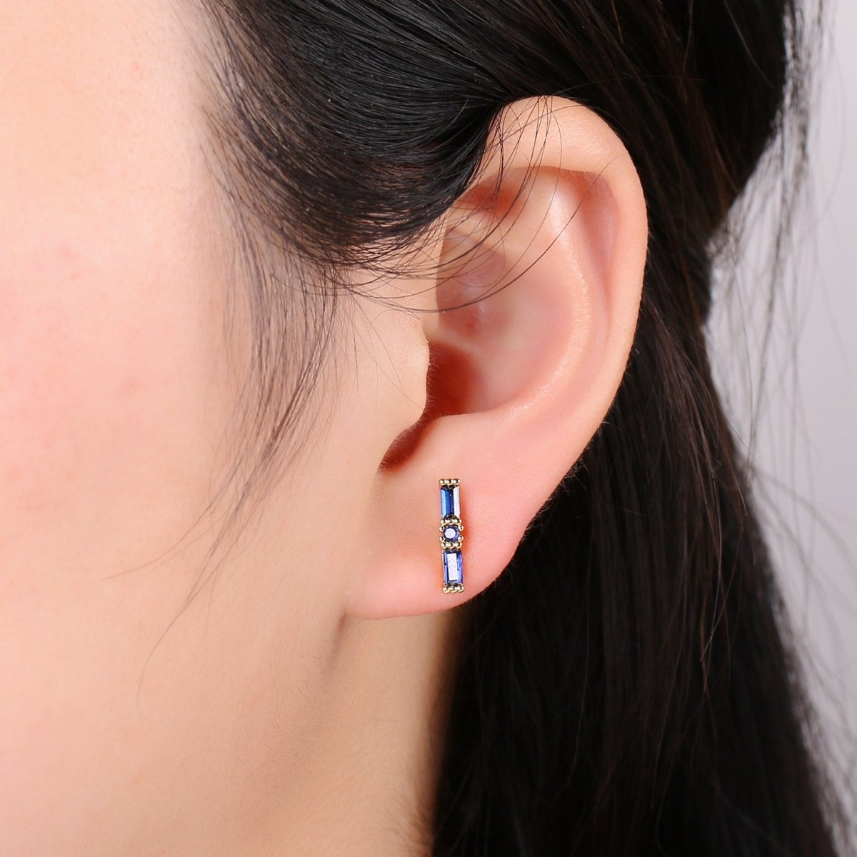 24K Gold Filled Blue / Fuchsia Baguette CZ Stud Earrings