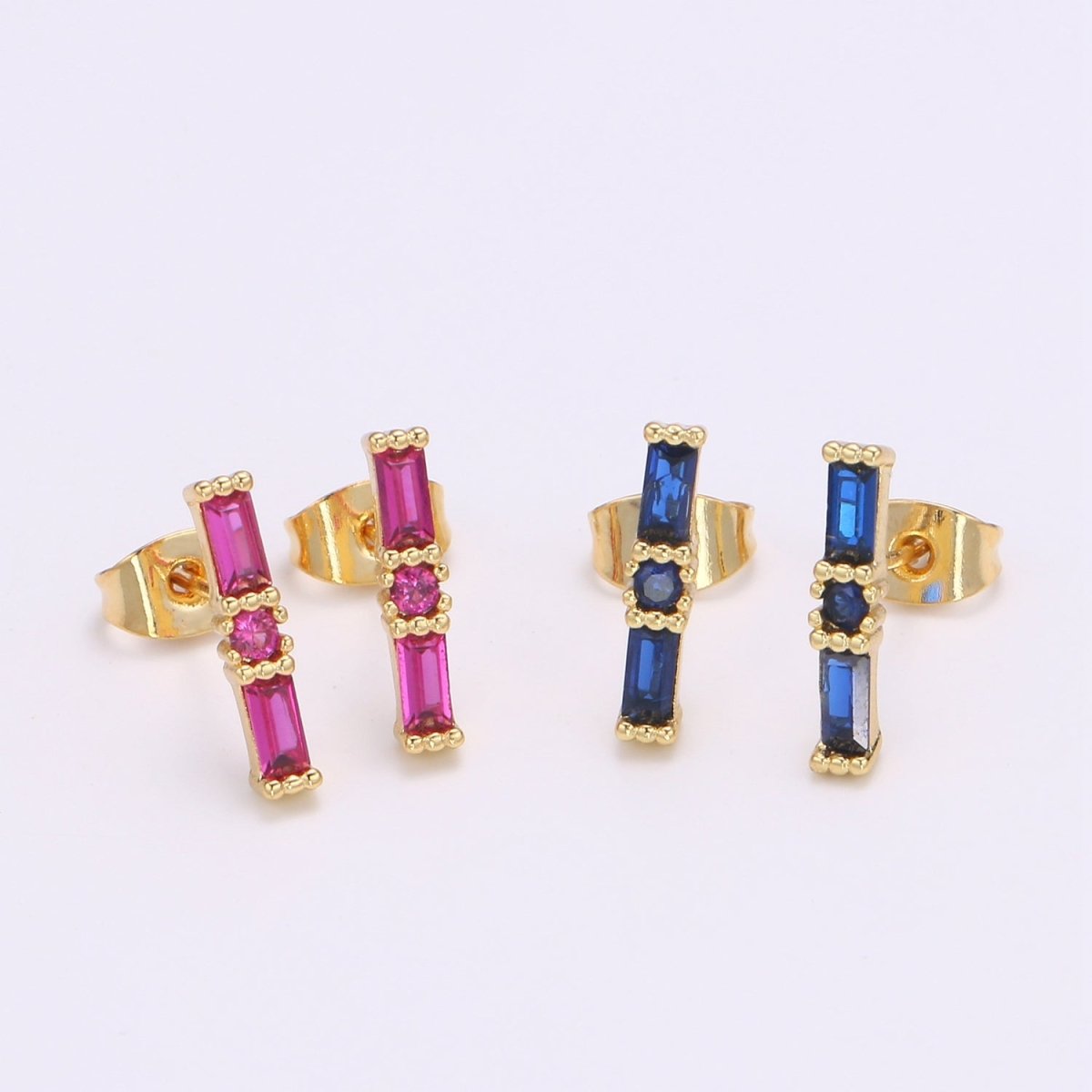 24K Gold Filled Blue / Fuchsia Baguette CZ Stud Earrings