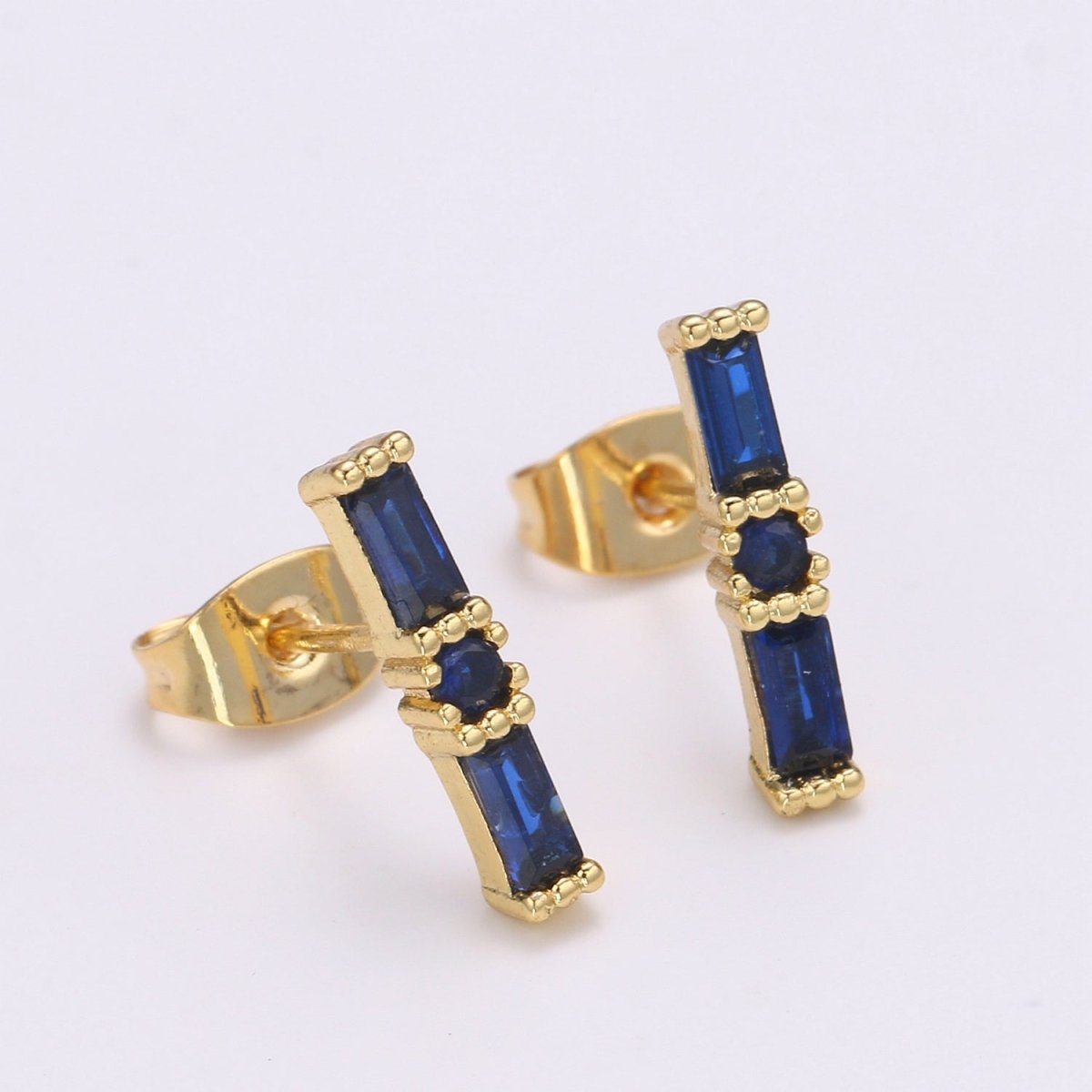 24K Gold Filled Blue / Fuchsia Baguette CZ Stud Earrings