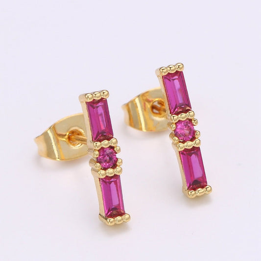 24K Gold Filled Blue / Fuchsia Baguette CZ Stud Earrings