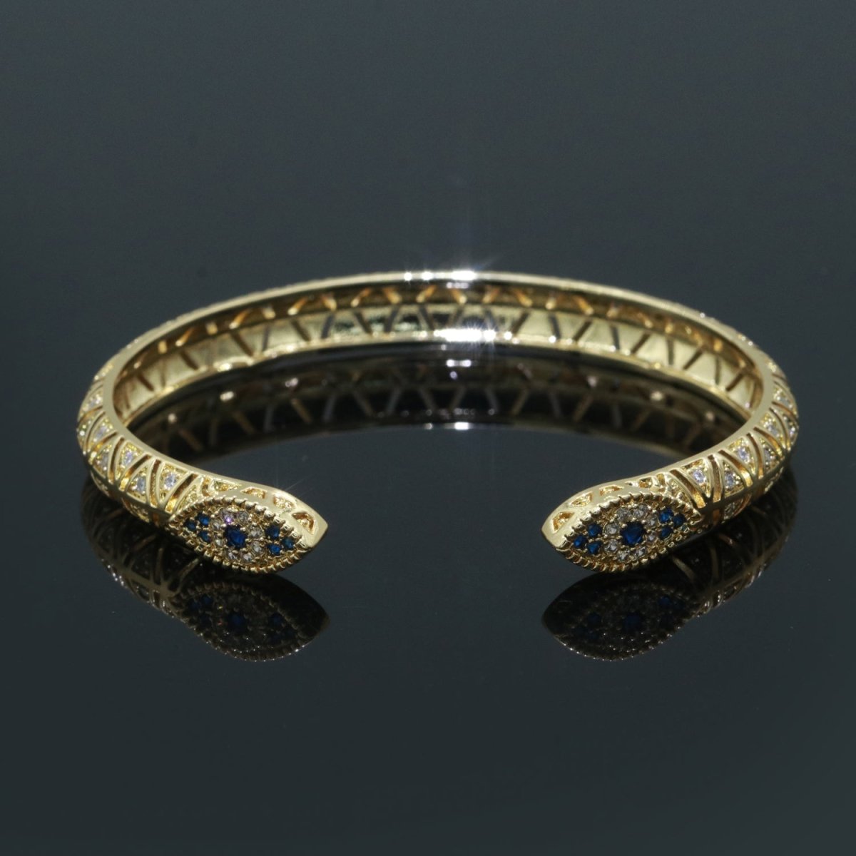24K Gold Filled Blue Micro Paved Evil Eye Hamsa Hand Adjustable Bangle Bracelet
