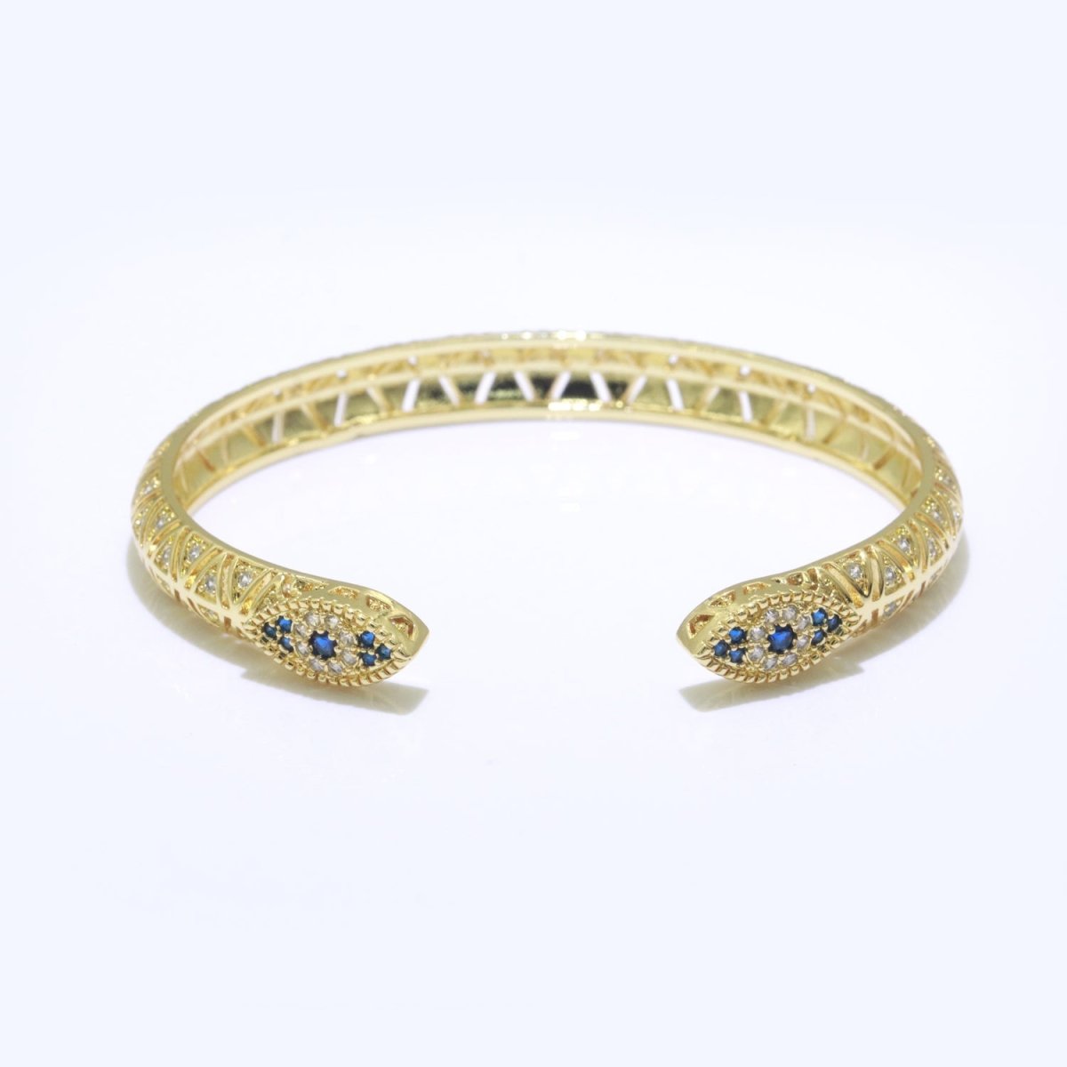 24K Gold Filled Blue Micro Paved Evil Eye Hamsa Hand Adjustable Bangle Bracelet