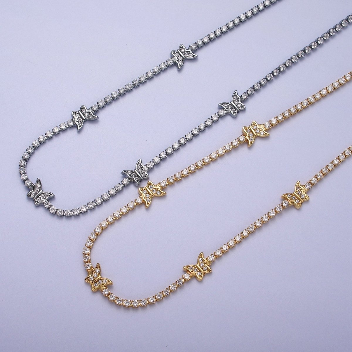 Beautiful 24k Gold-Filled Butterfly Tennis Chain 13 Inch Choker Necklace in Silver