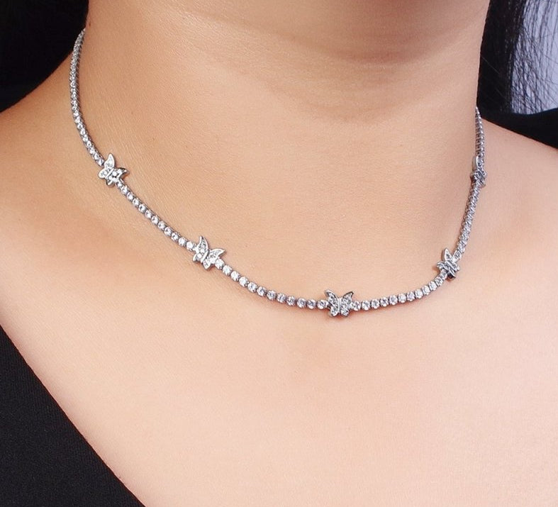 Beautiful 24k Gold-Filled Butterfly Tennis Chain 13 Inch Choker Necklace in Silver