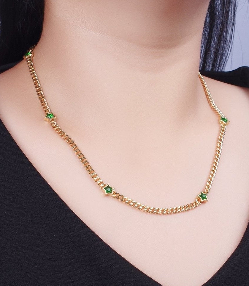 Beautiful 24K Gold Filled Celestial Star Cubic Zirconia 18 Inch Curb Chain Necklace