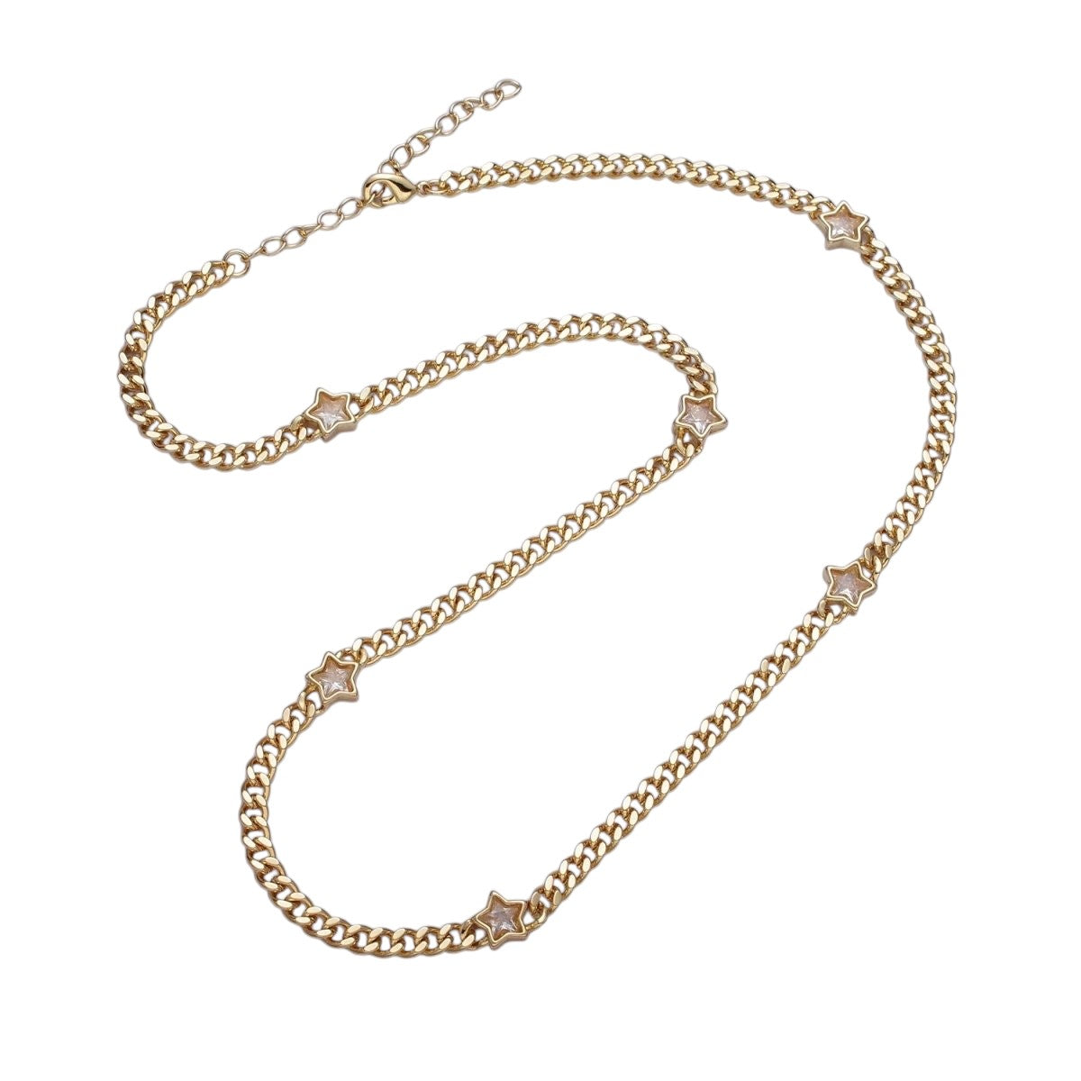 Beautiful 24K Gold Filled Celestial Star Cubic Zirconia 18 Inch Curb Chain Necklace