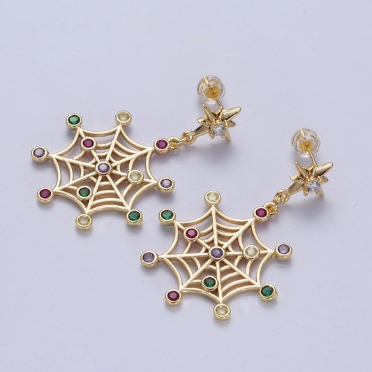 24K Gold Filled Celestial Star Stud with Multicolor Round Cubic Zirconia CZ Spiderweb Dangle Earrings