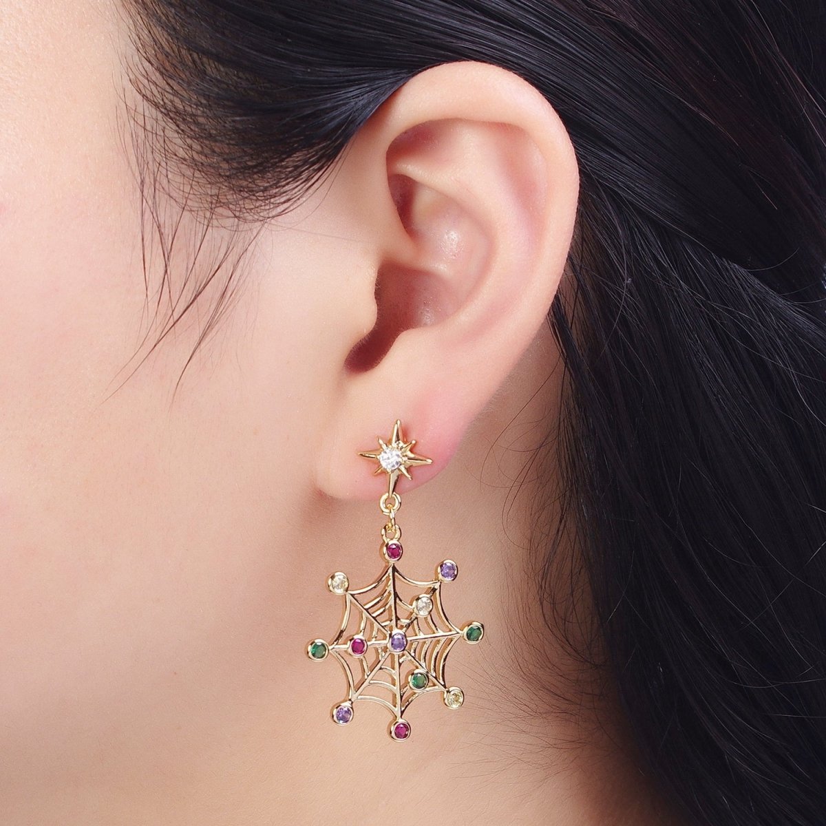 24K Gold Filled Celestial Star Stud with Multicolor Round Cubic Zirconia CZ Spiderweb Dangle Earrings