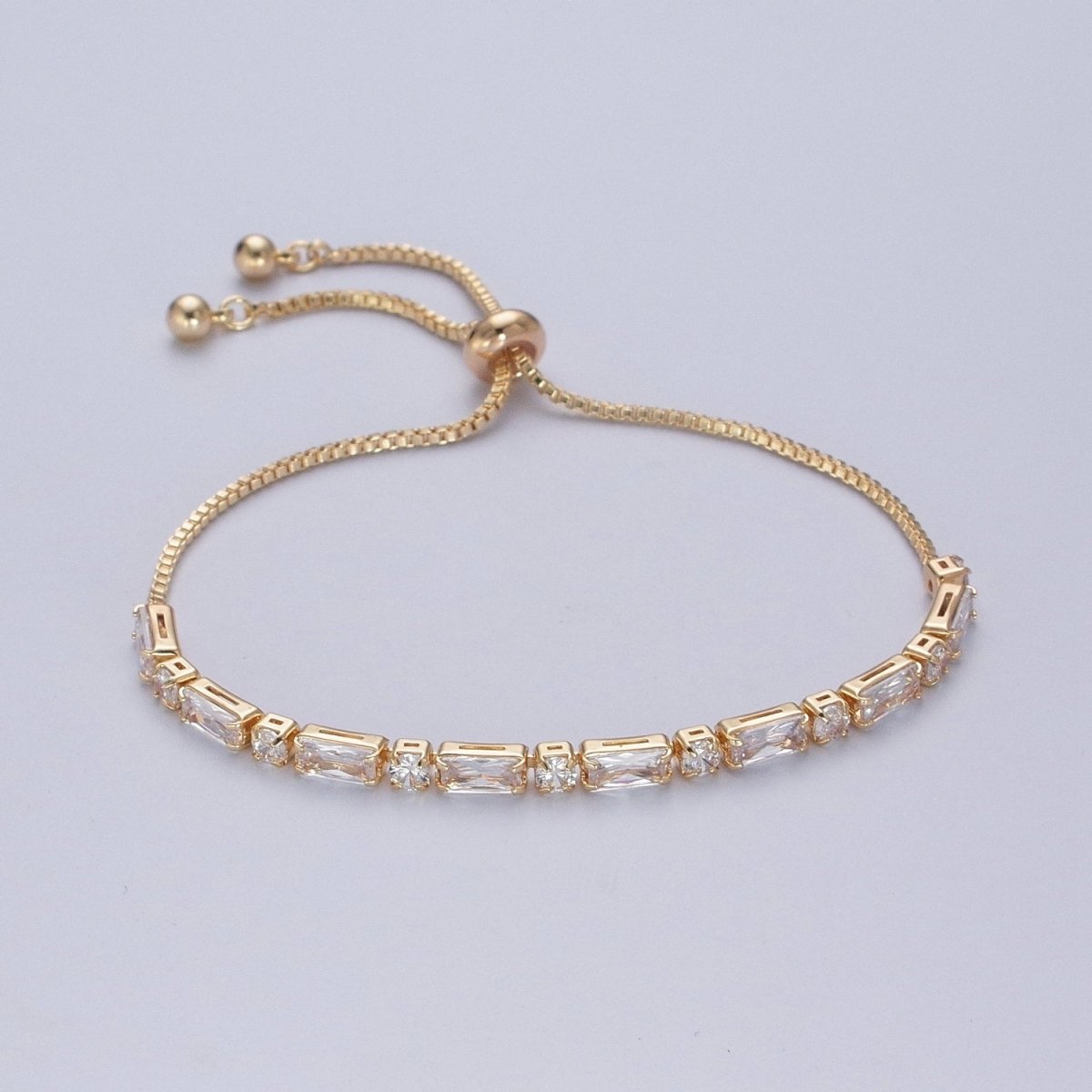 24K Gold Filled Clear Baguette Cubic Zirconia Adjustable Bolo Bracelet