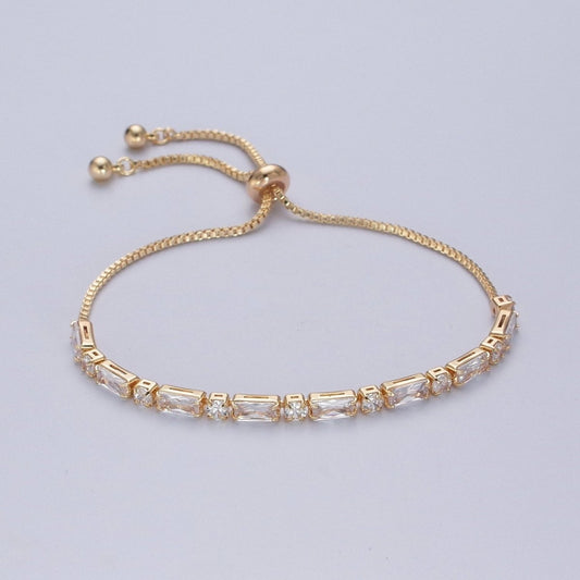 24K Gold Filled Clear Baguette Cubic Zirconia Adjustable Bolo Bracelet
