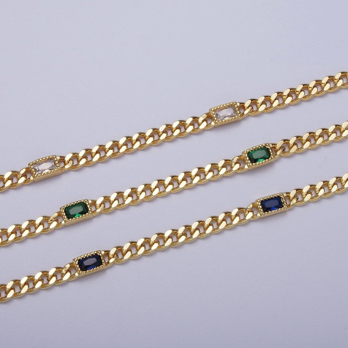 24K Gold Filled Clear, Green Baguette CZ 3.8mm Curb Chain Bracelet