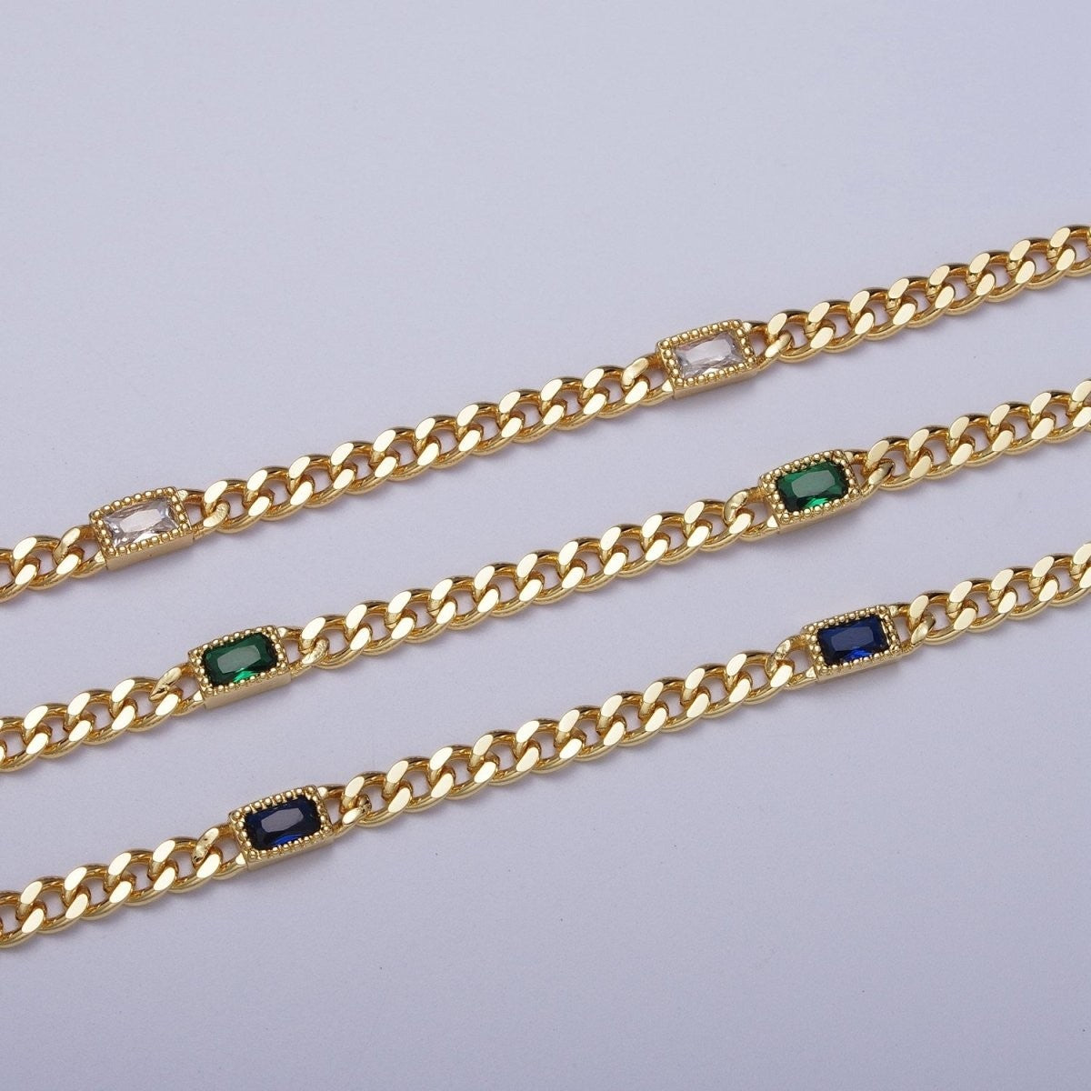 24K Gold Filled Clear, Green Baguette CZ 3.8mm Curb Chain Bracelet