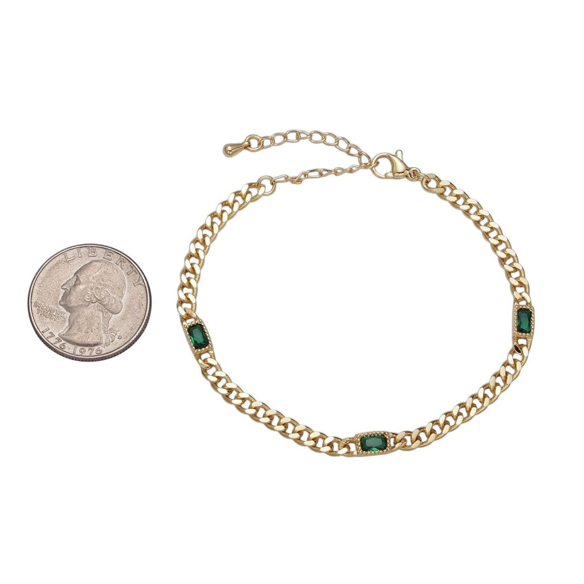 24K Gold Filled Clear, Green Baguette CZ 3.8mm Curb Chain Bracelet