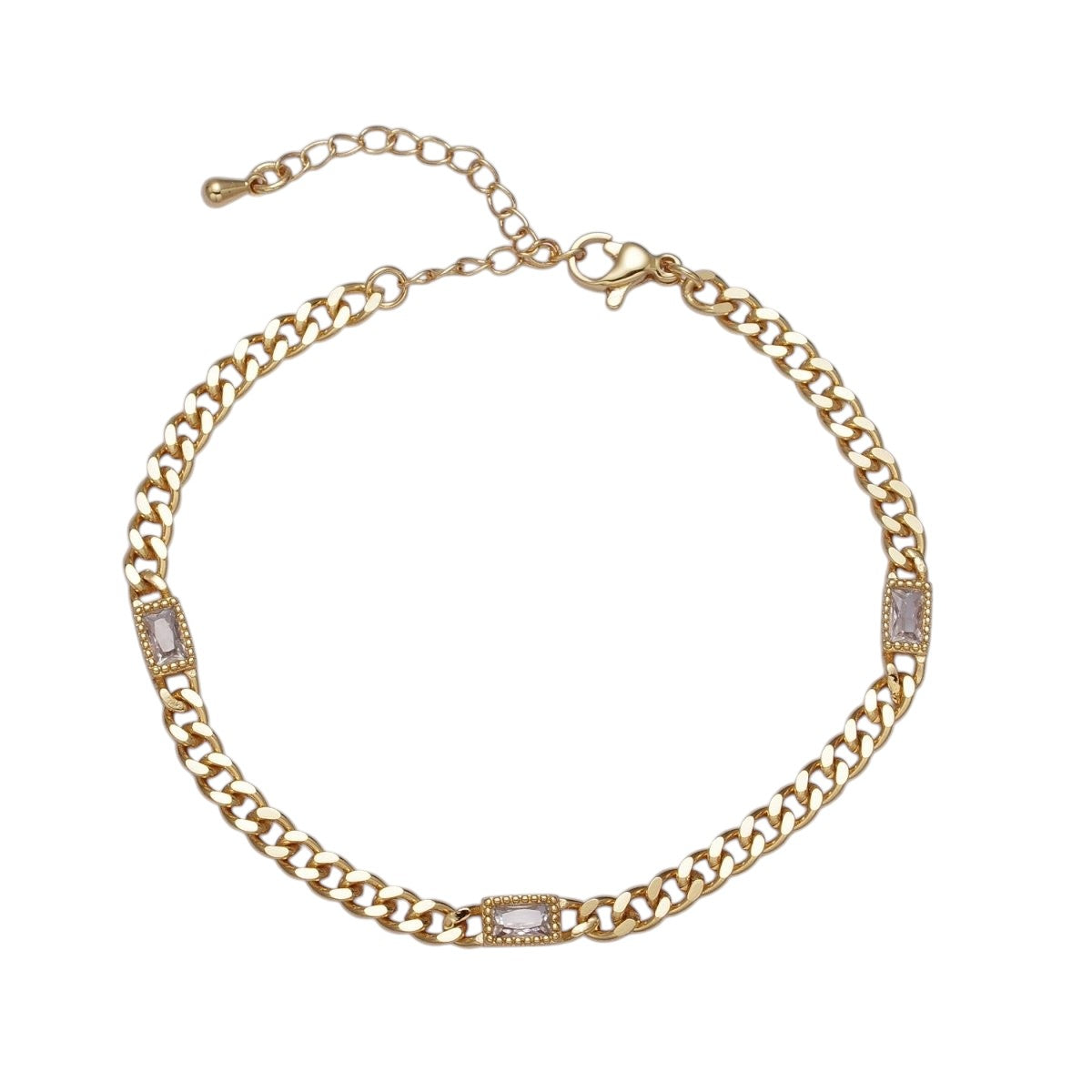 24K Gold Filled Clear, Green Baguette CZ 3.8mm Curb Chain Bracelet