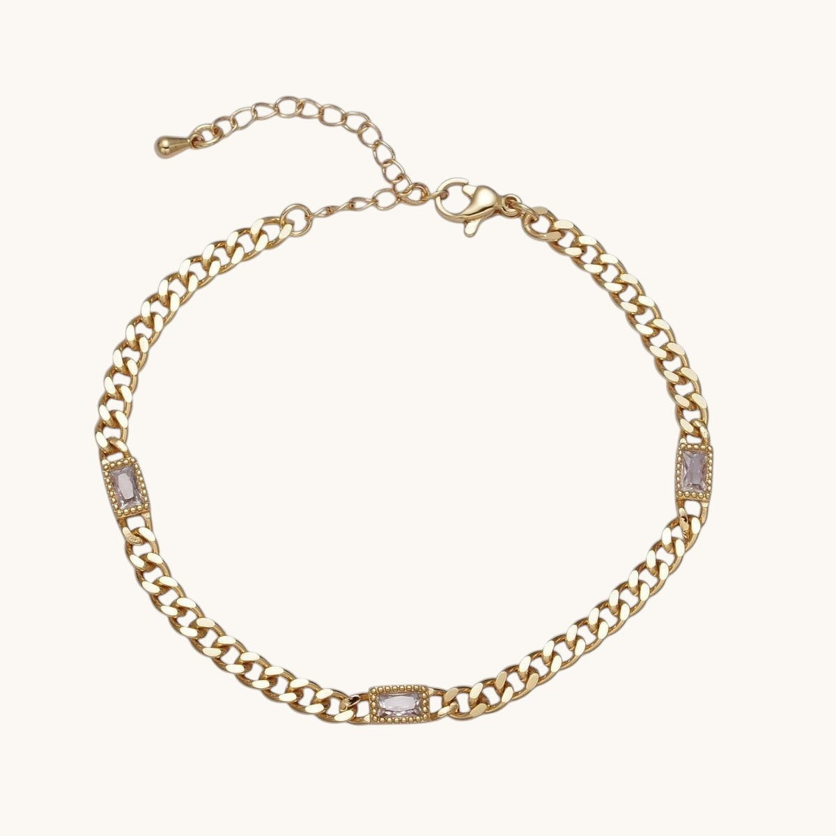 24K Gold Filled Clear, Green Baguette CZ 3.8mm Curb Chain Bracelet