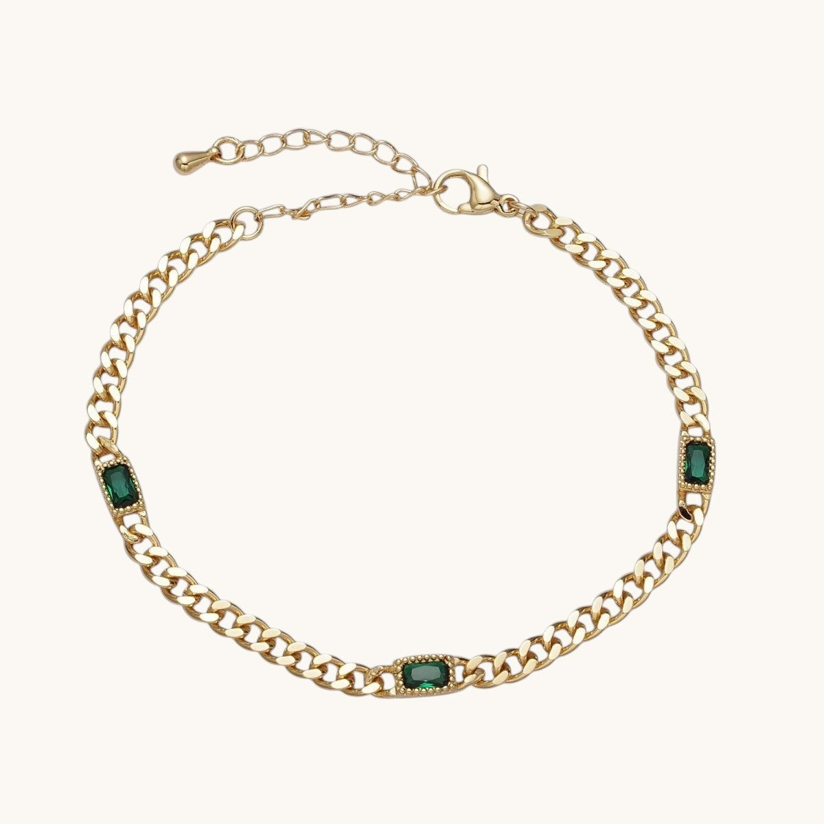 24K Gold Filled Clear, Green Baguette CZ 3.8mm Curb Chain Bracelet