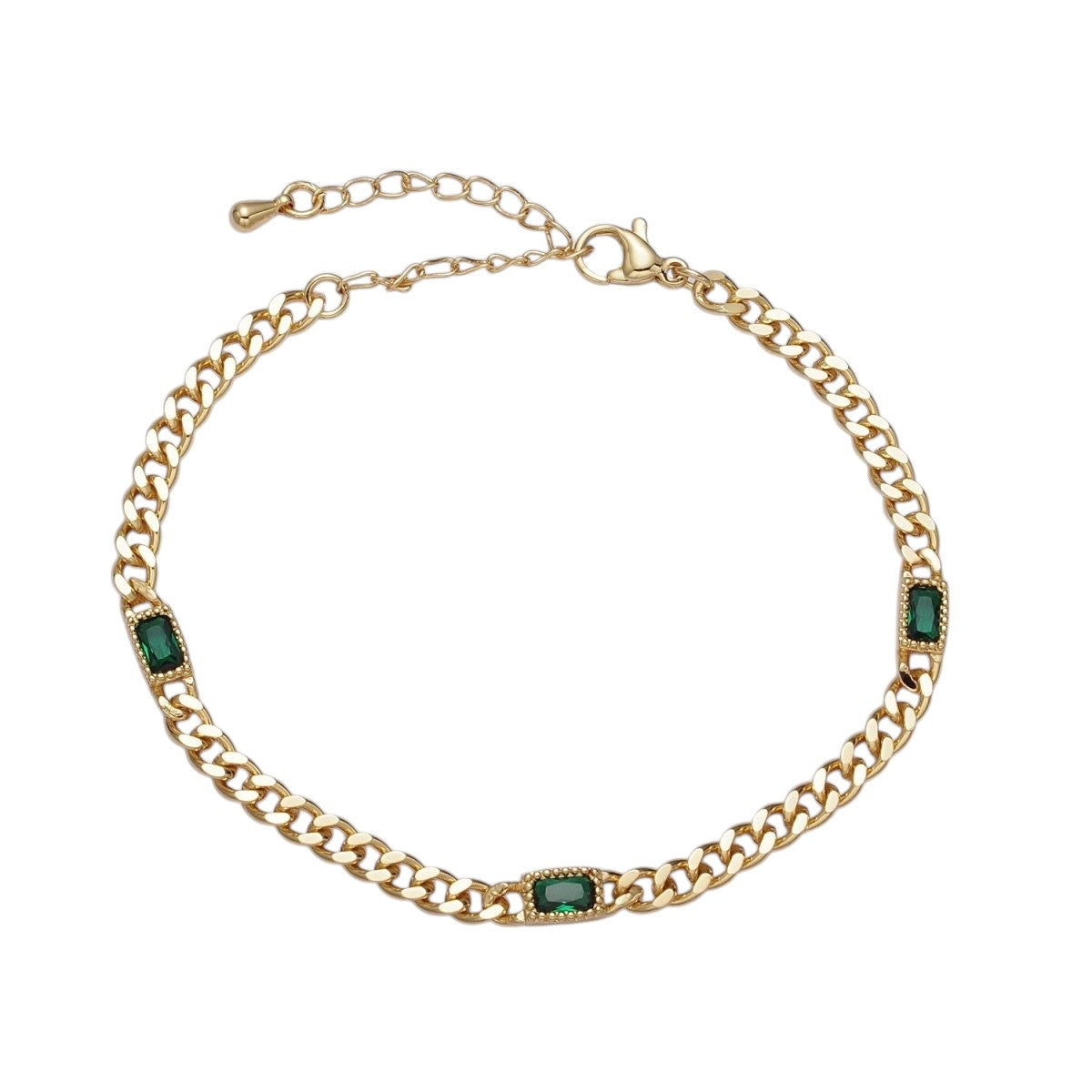 24K Gold Filled Clear, Green Baguette CZ 3.8mm Curb Chain Bracelet
