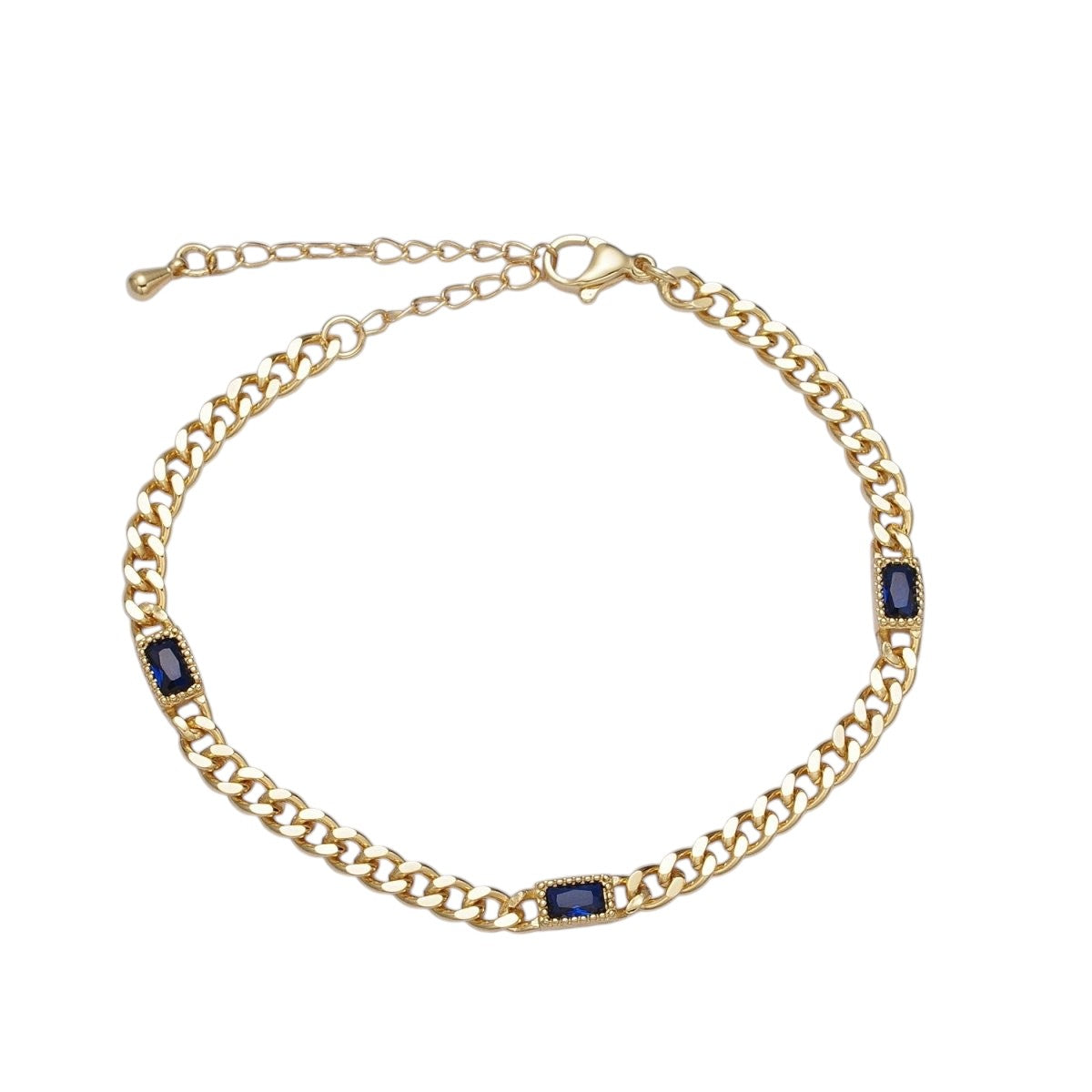 24K Gold Filled Clear, Green Baguette CZ 3.8mm Curb Chain Bracelet