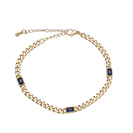 24K Gold Filled Clear, Green Baguette CZ 3.8mm Curb Chain Bracelet