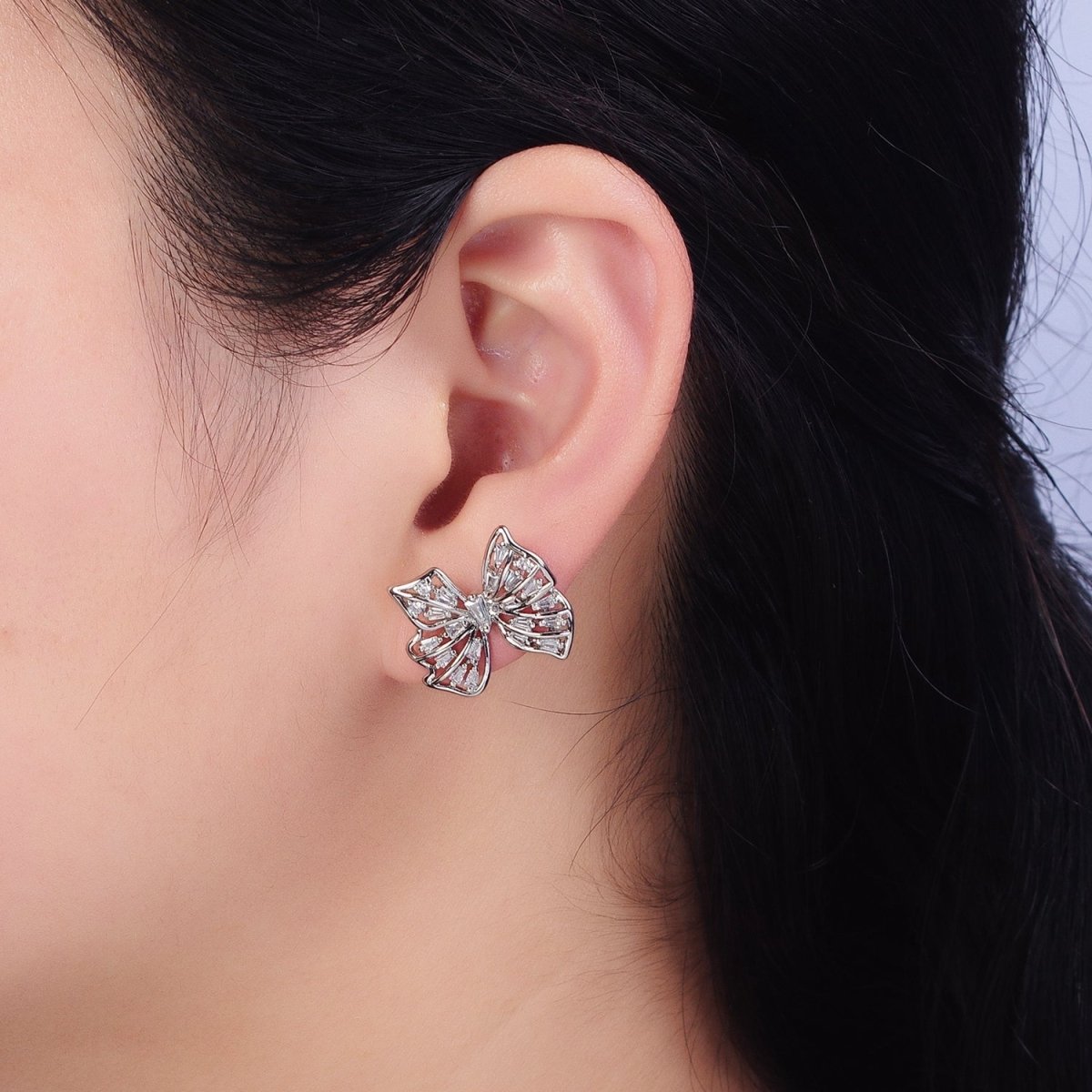 24K Gold Filled Clear CZ Baguette Wings Mariposa Butterfly Stud Earrings in Gold & Silver