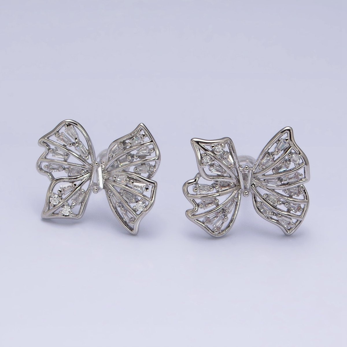 24K Gold Filled Clear CZ Baguette Wings Mariposa Butterfly Stud Earrings in Gold & Silver