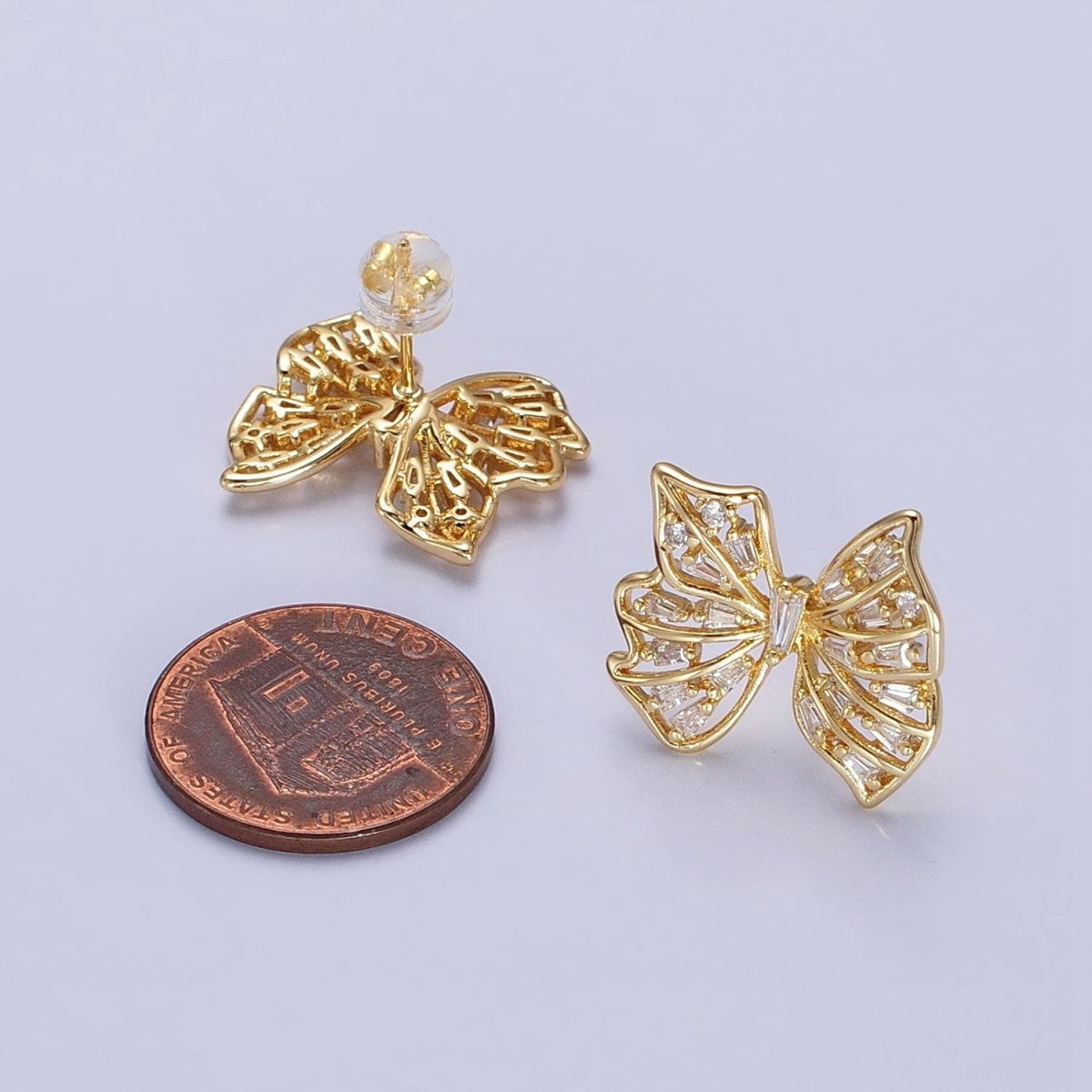 24K Gold Filled Clear CZ Baguette Wings Mariposa Butterfly Stud Earrings in Gold & Silver