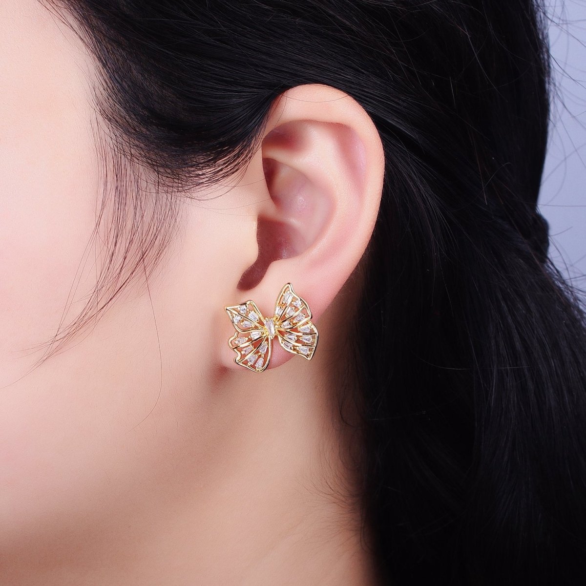 24K Gold Filled Clear CZ Baguette Wings Mariposa Butterfly Stud Earrings in Gold & Silver