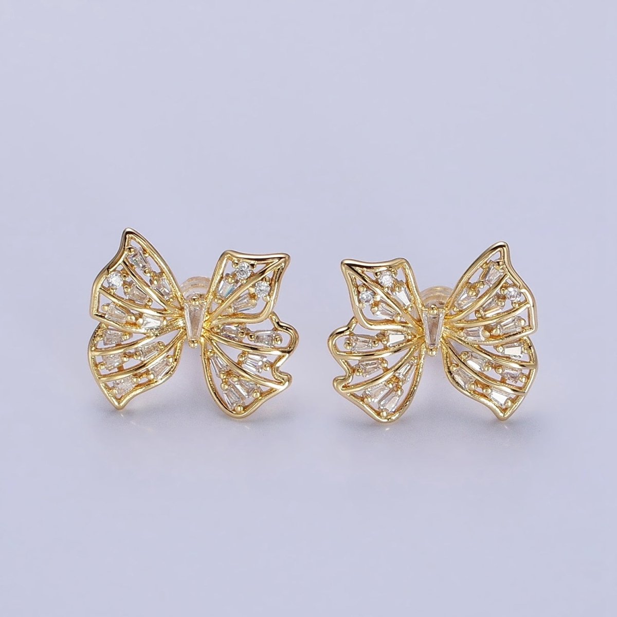 24K Gold Filled Clear CZ Baguette Wings Mariposa Butterfly Stud Earrings in Gold & Silver