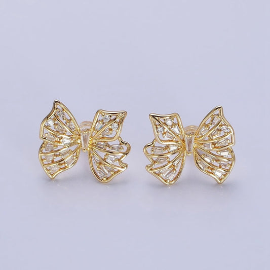 24K Gold Filled Clear CZ Baguette Wings Mariposa Butterfly Stud Earrings in Gold & Silver