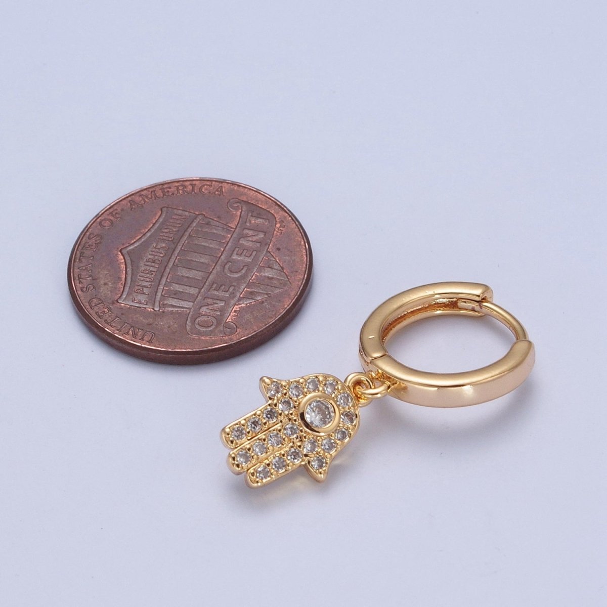 24K Gold Filled Clear CZ Micro Pave Hamsa Hand Charm Dangle Drop Huggie Earrings