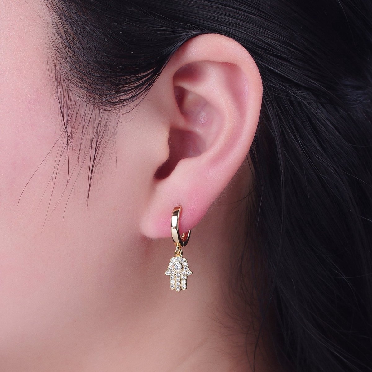 24K Gold Filled Clear CZ Micro Pave Hamsa Hand Charm Dangle Drop Huggie Earrings