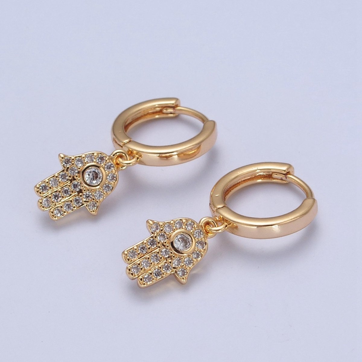 24K Gold Filled Clear CZ Micro Pave Hamsa Hand Charm Dangle Drop Huggie Earrings