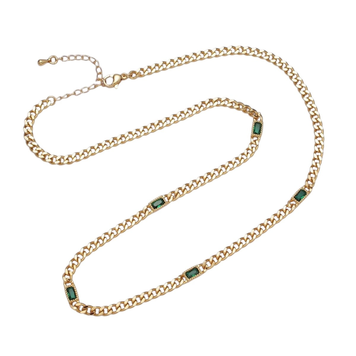 Beautiful 24K Gold Filled Clear, Green, Blue, Baguette CZ 3.8mm Curb Chain 19 Inch Necklace