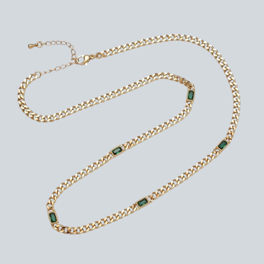 Beautiful 24K Gold Filled Clear, Green, Blue, Baguette CZ 3.8mm Curb Chain 19 Inch Necklace