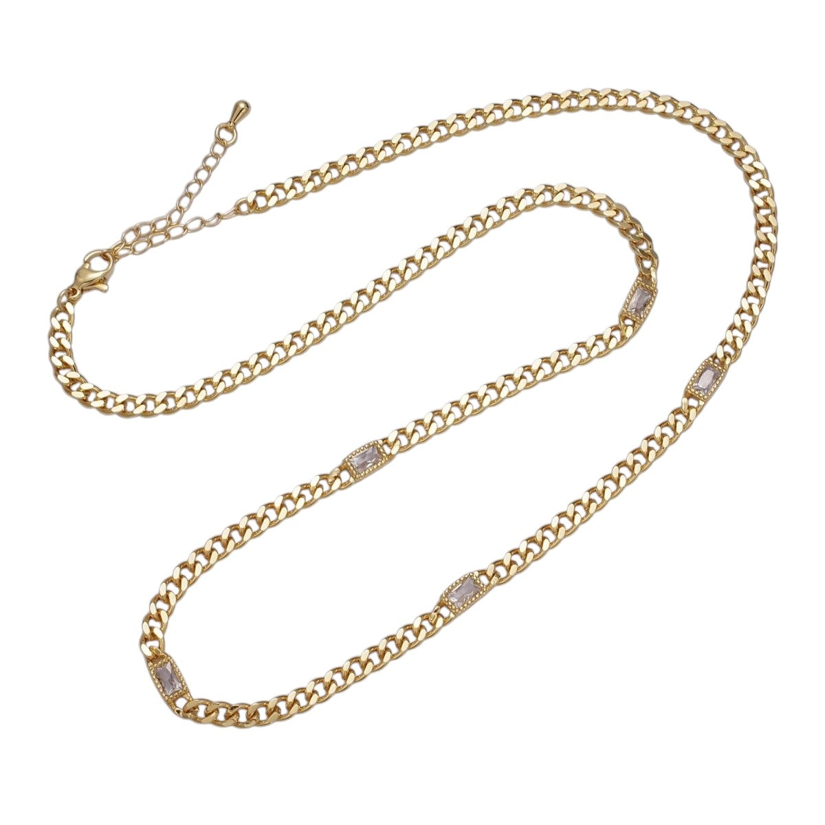 Beautiful 24K Gold Filled Clear, Green, Blue, Baguette CZ 3.8mm Curb Chain 19 Inch Necklace