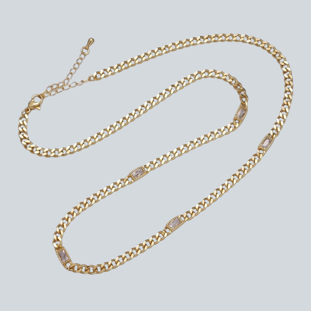 Beautiful 24K Gold Filled Clear, Green, Blue, Baguette CZ 3.8mm Curb Chain 19 Inch Necklace