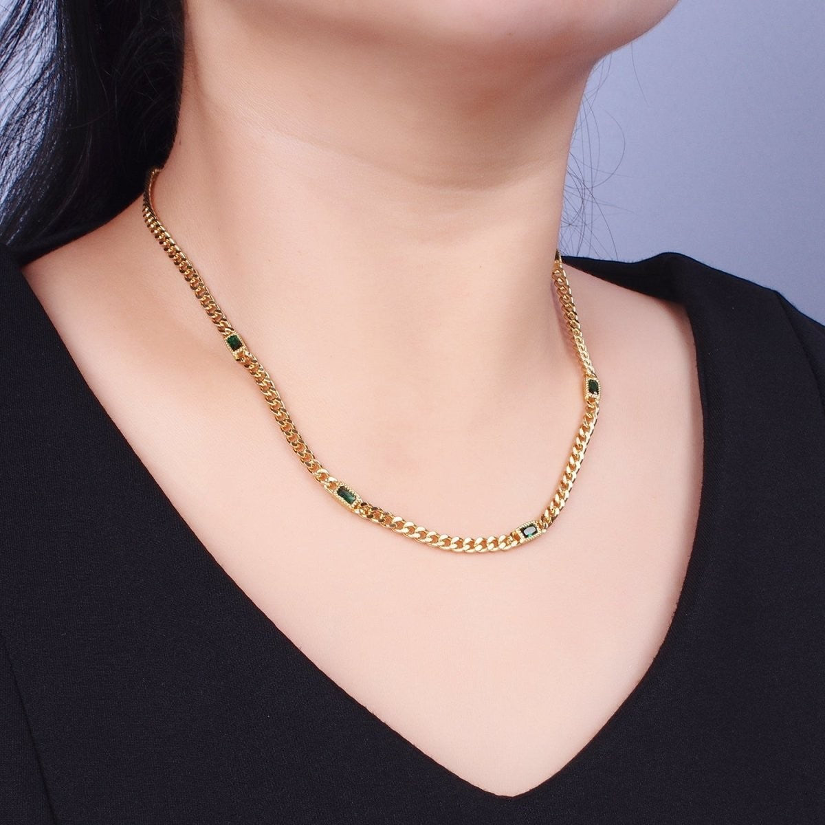 Beautiful 24K Gold Filled Clear, Green, Blue, Baguette CZ 3.8mm Curb Chain 19 Inch Necklace