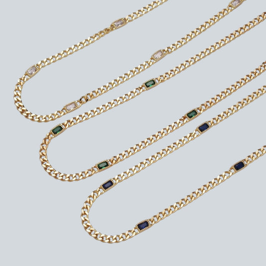 Beautiful 24K Gold Filled Clear, Green, Blue, Baguette CZ 3.8mm Curb Chain 19 Inch Necklace