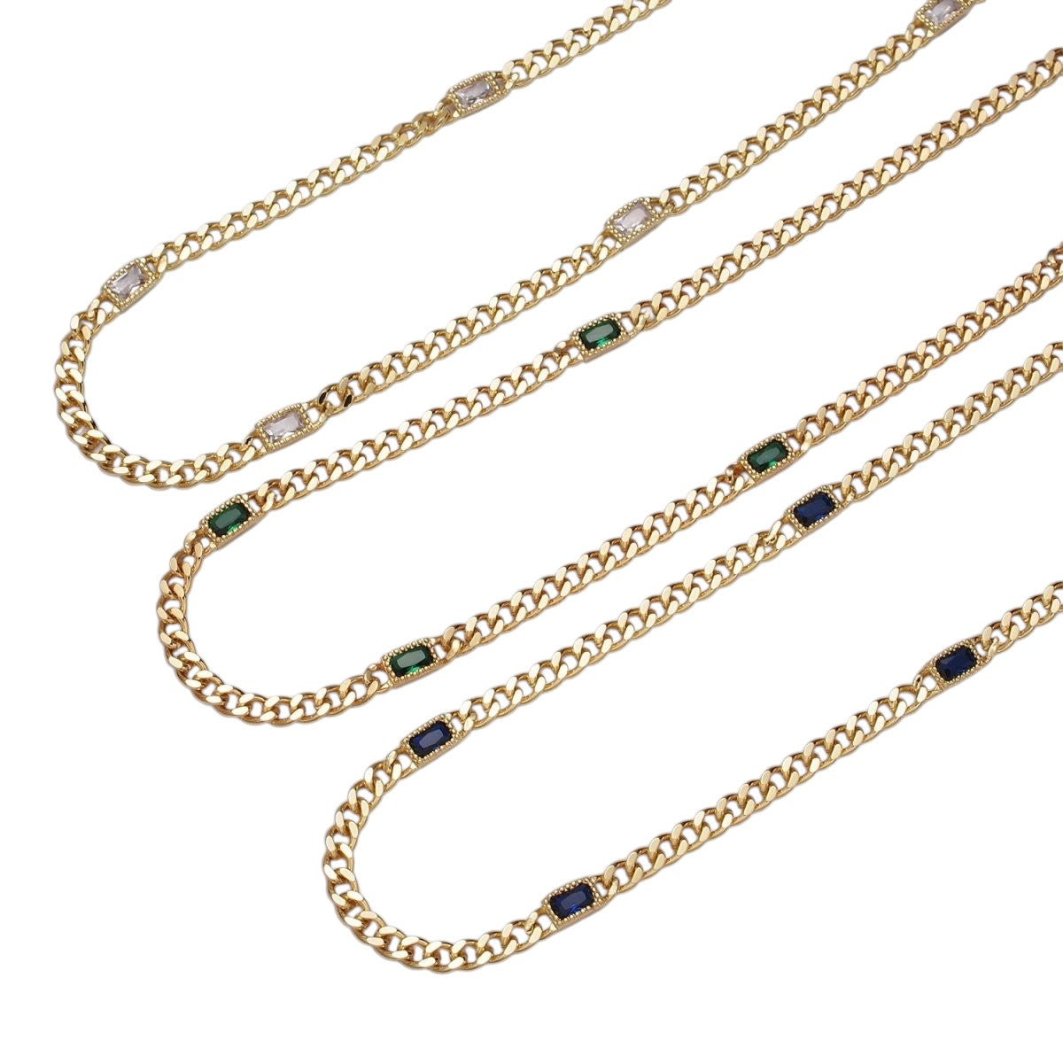 Beautiful 24K Gold Filled Clear, Green, Blue, Baguette CZ 3.8mm Curb Chain 19 Inch Necklace