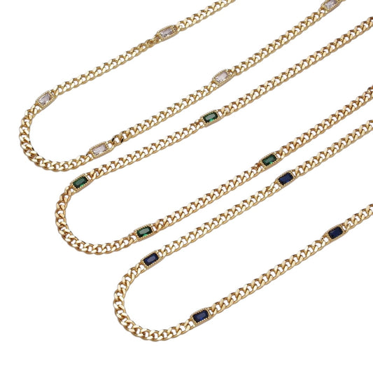 Beautiful 24K Gold Filled Clear, Green, Blue, Baguette CZ 3.8mm Curb Chain 19 Inch Necklace