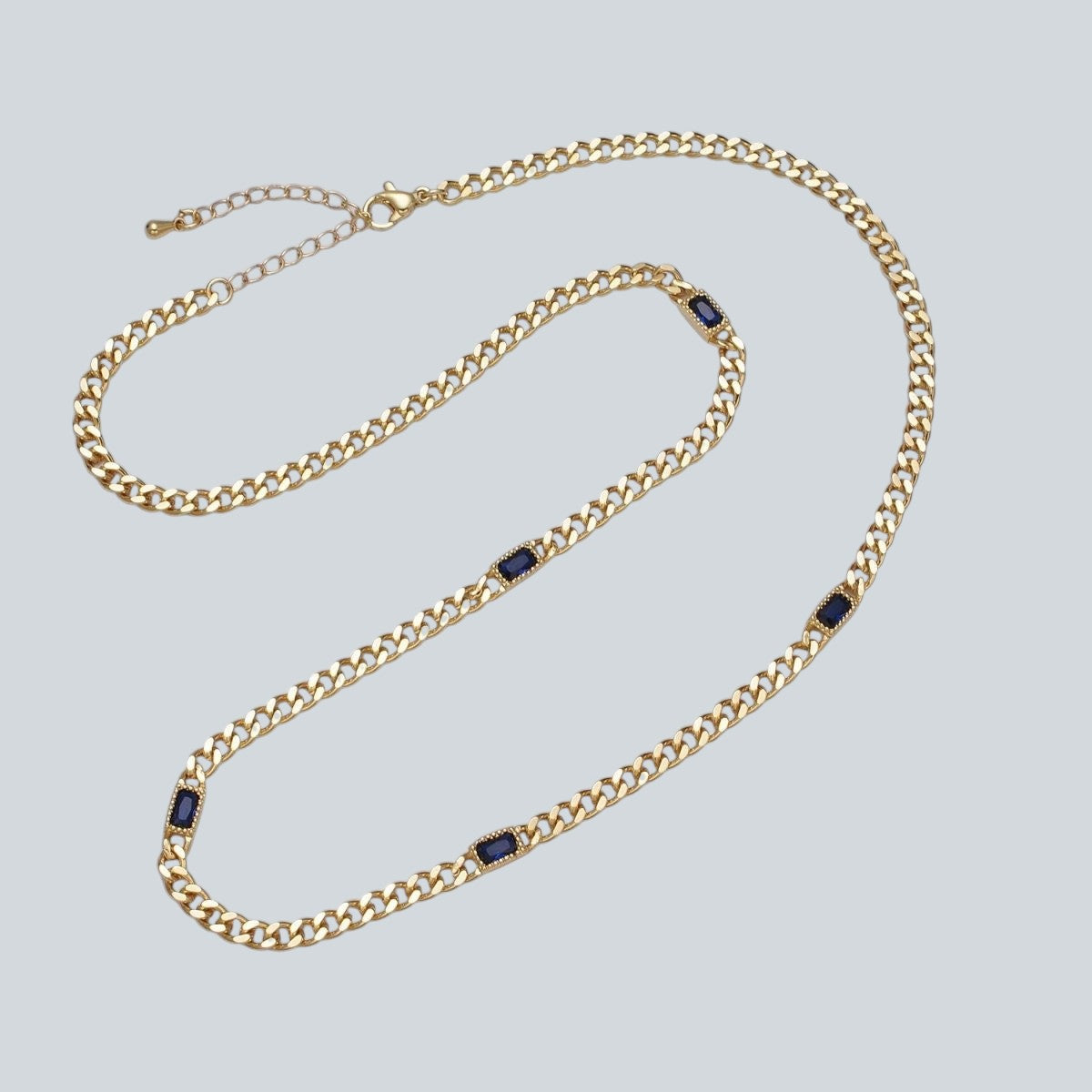 Beautiful 24K Gold Filled Clear, Green, Blue, Baguette CZ 3.8mm Curb Chain 19 Inch Necklace