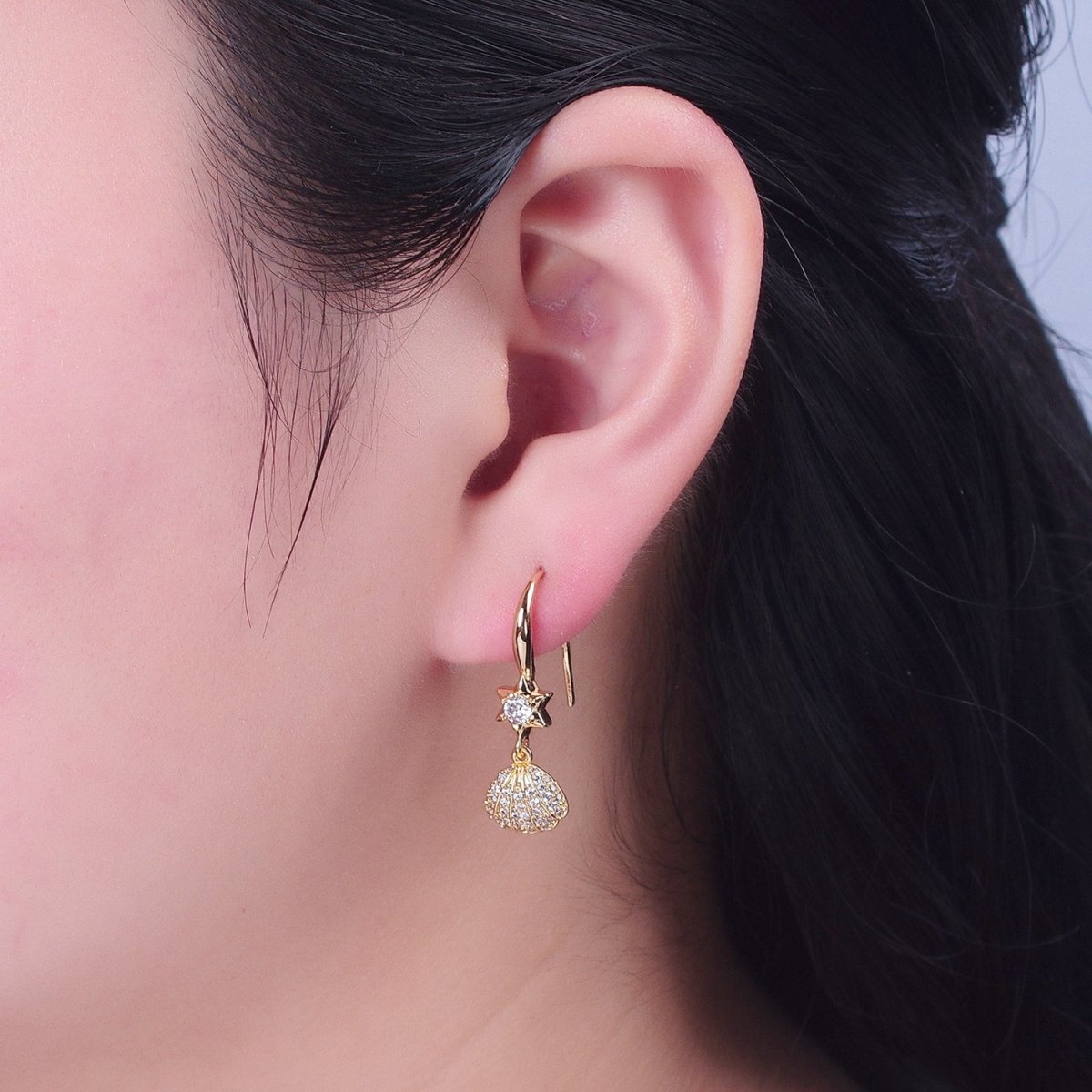 Sweet 24K Gold Filled Clear Micro Pave Seashell Clam Charm Dangle Star Cubic Zirconia French Hook Earrings