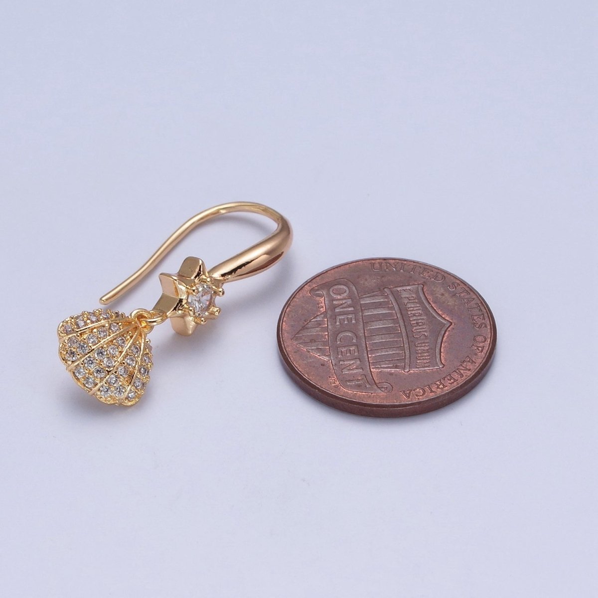 Sweet 24K Gold Filled Clear Micro Pave Seashell Clam Charm Dangle Star Cubic Zirconia French Hook Earrings