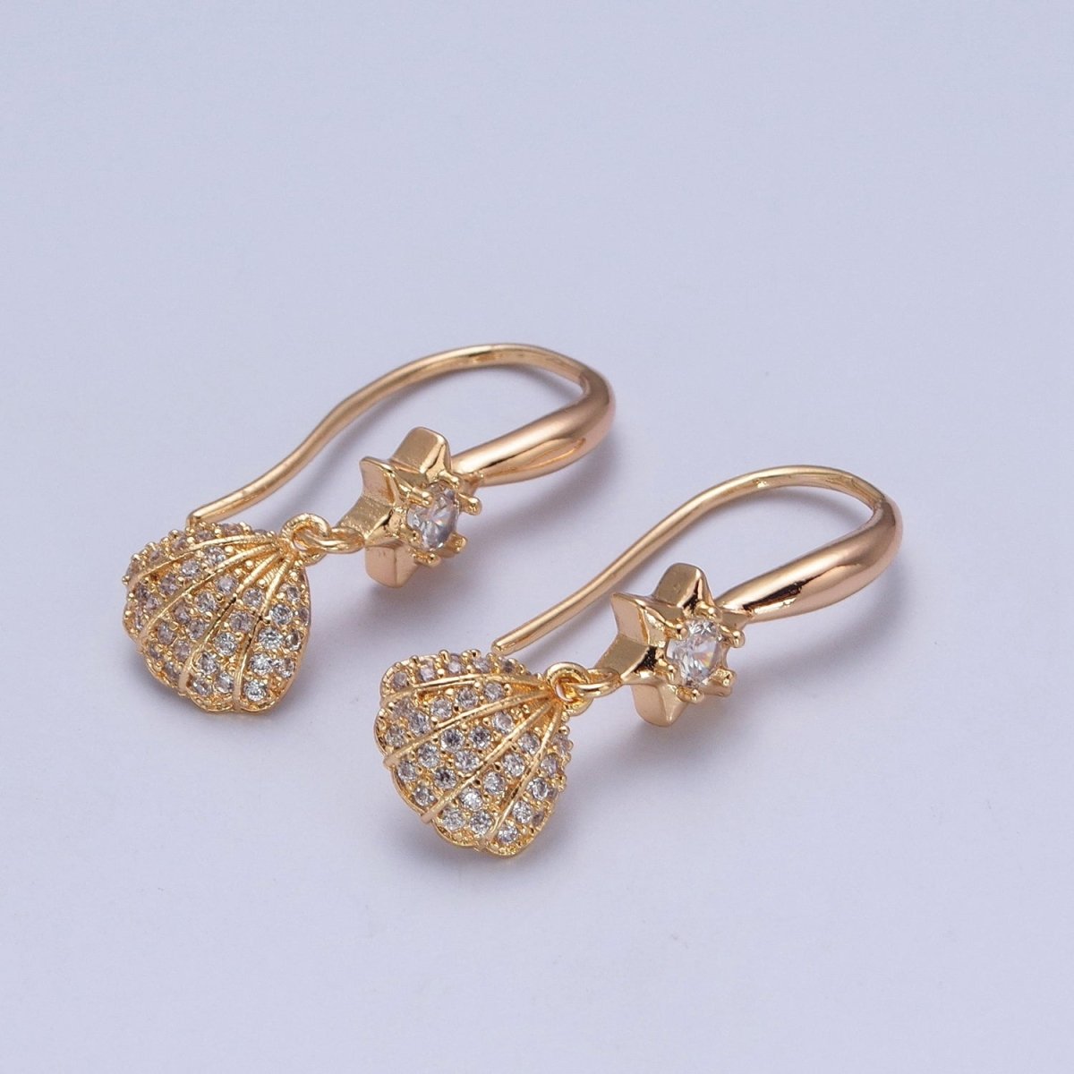 Sweet 24K Gold Filled Clear Micro Pave Seashell Clam Charm Dangle Star Cubic Zirconia French Hook Earrings