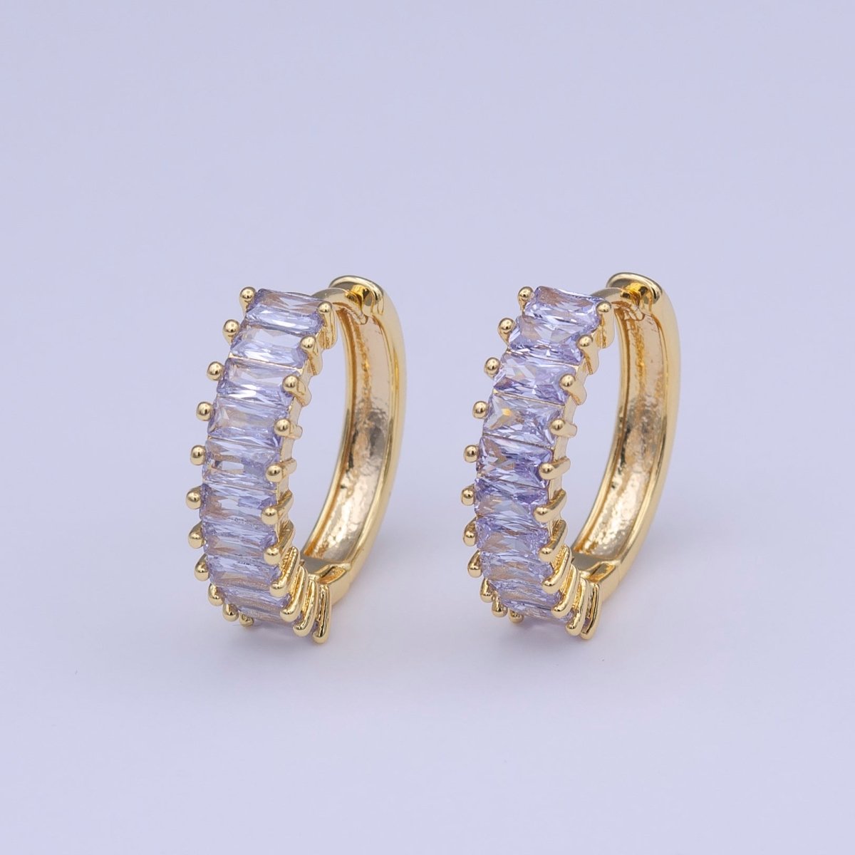24K Gold Filled Clear Purple Baguette Lined 18.5mm Huggie Hoop Earrings